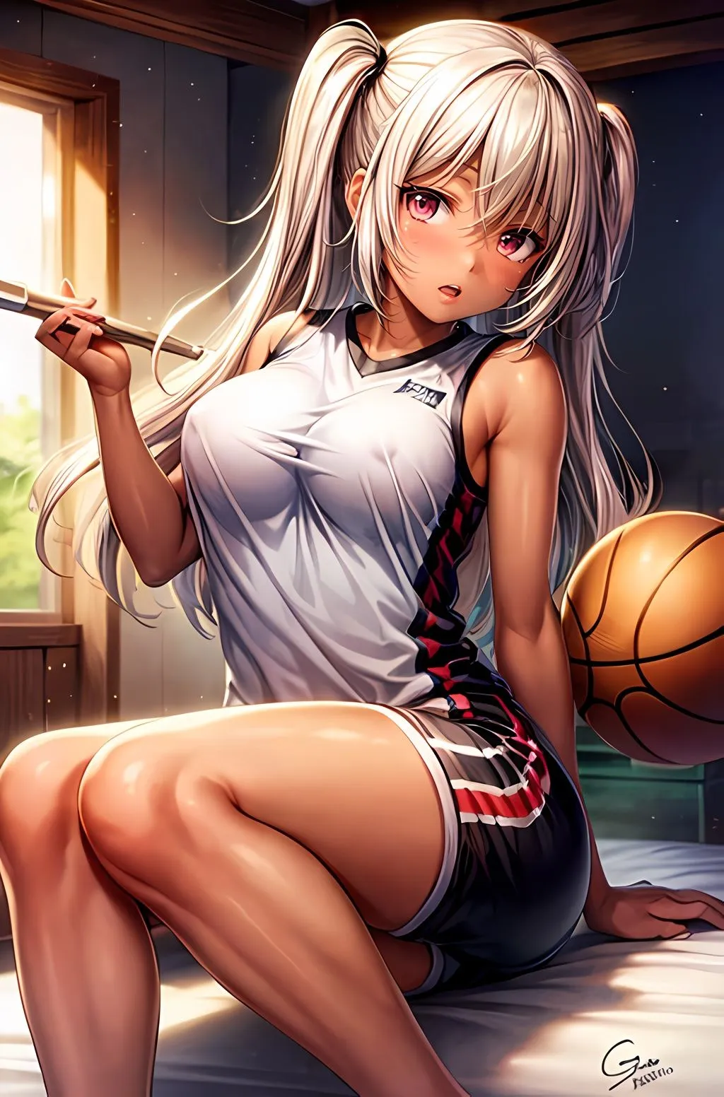 校舎のシルエットに映る瞬間: 金髪の黒ギャル、スポーツと校舎の間で