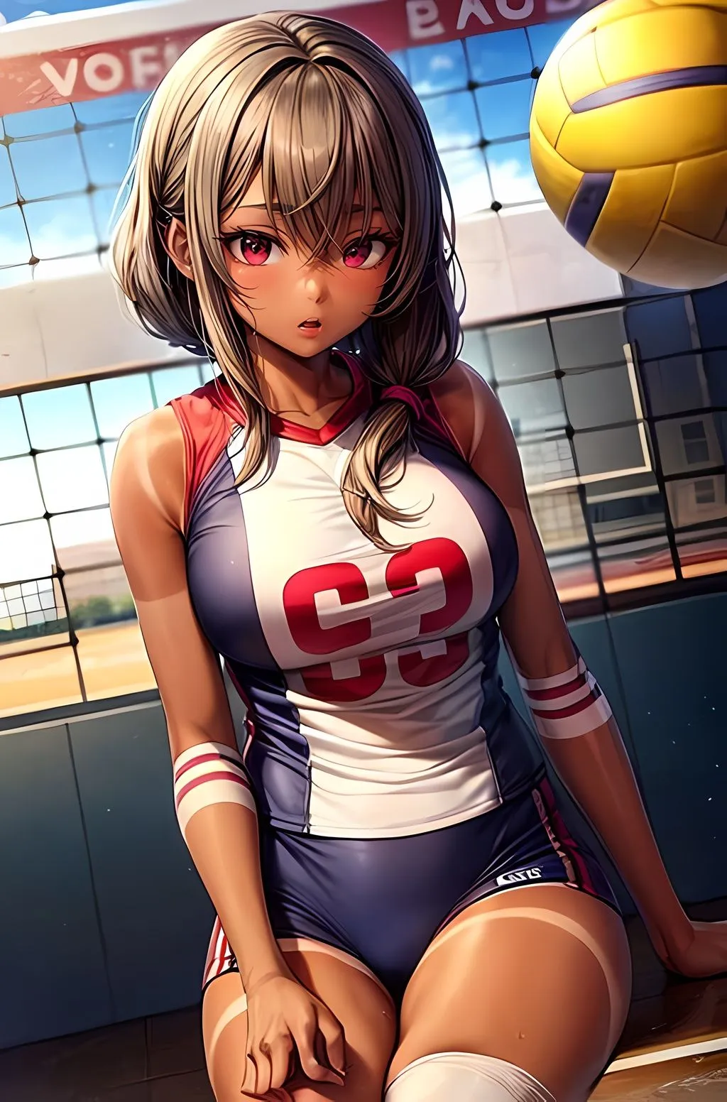 校舎のシルエットに映る瞬間: 金髪の黒ギャル、スポーツと校舎の間で