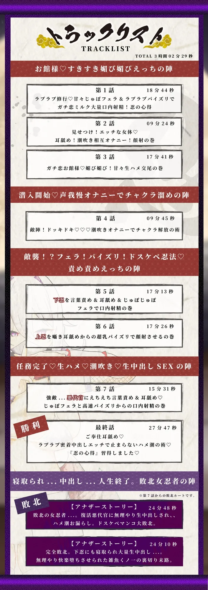 【KU100】【3時間OVER】【NTR×ハメ潮×孕ませ】〜爆乳くノ一ガチ恋の巻〜「くノ一 VS 下忍・上忍・悪代官」おちんぽ媚び媚びの術【CV分倍河原シホ】