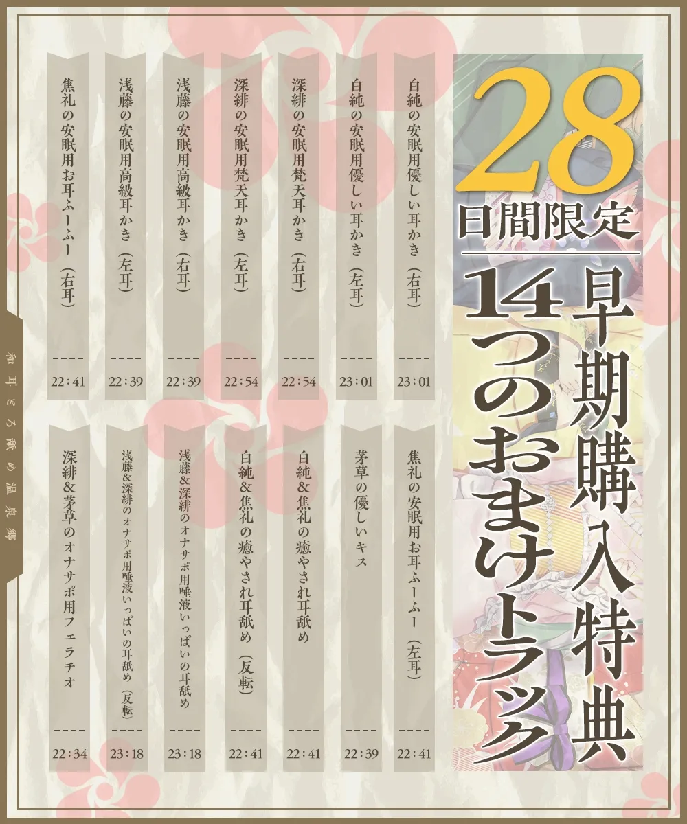 【2026年04月18日迄限定】和耳とろ舐め温泉郷〜至高のケモミミハーレムプレイで、脳イキ絶頂♪ パパ呼び&媚び媚びボイス満載の搾精旅館! 【2026年04月18日迄限定】和耳とろ舐め温泉郷〜至高のケモミミハーレムプレイで、脳イキ絶頂♪ パパ呼び&媚び媚びボイス満載の搾精旅館!