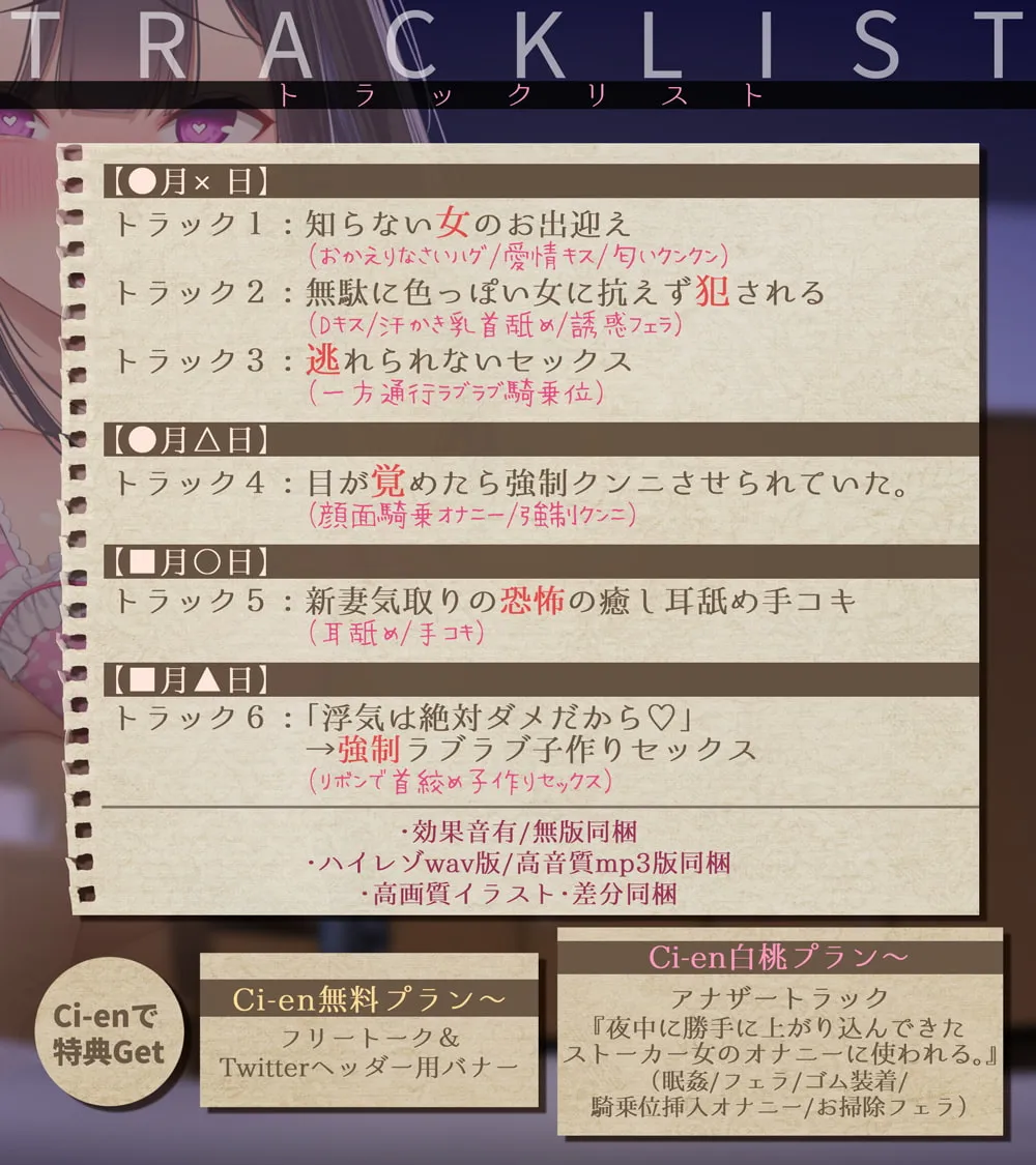 【MOMOKA。】【28日間台本同梱/超リアル音源】ストーカー女の愛妻日記。～僕への愛と執着がすごいイカレ女と強制ラブラブ子作りセックス～【KU100】【Re:しましま】