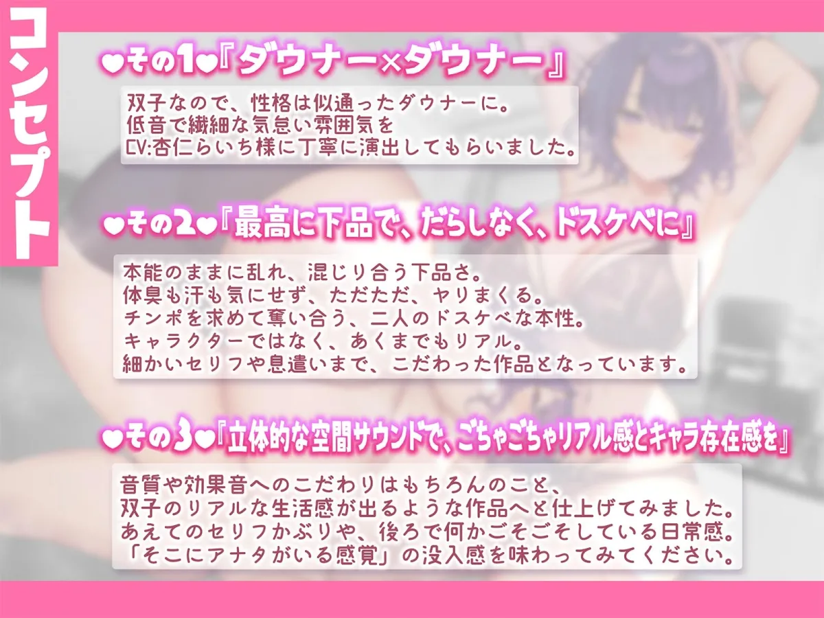 【CV:杏仁らいち】【おまんこサンド3P・Hアニメつき!】下品でダウナーな巨乳双子彼女との、雌フェロモンだだ漏れ汗だく密着3Pセックスライフ【両耳ハァハァ双子音声】