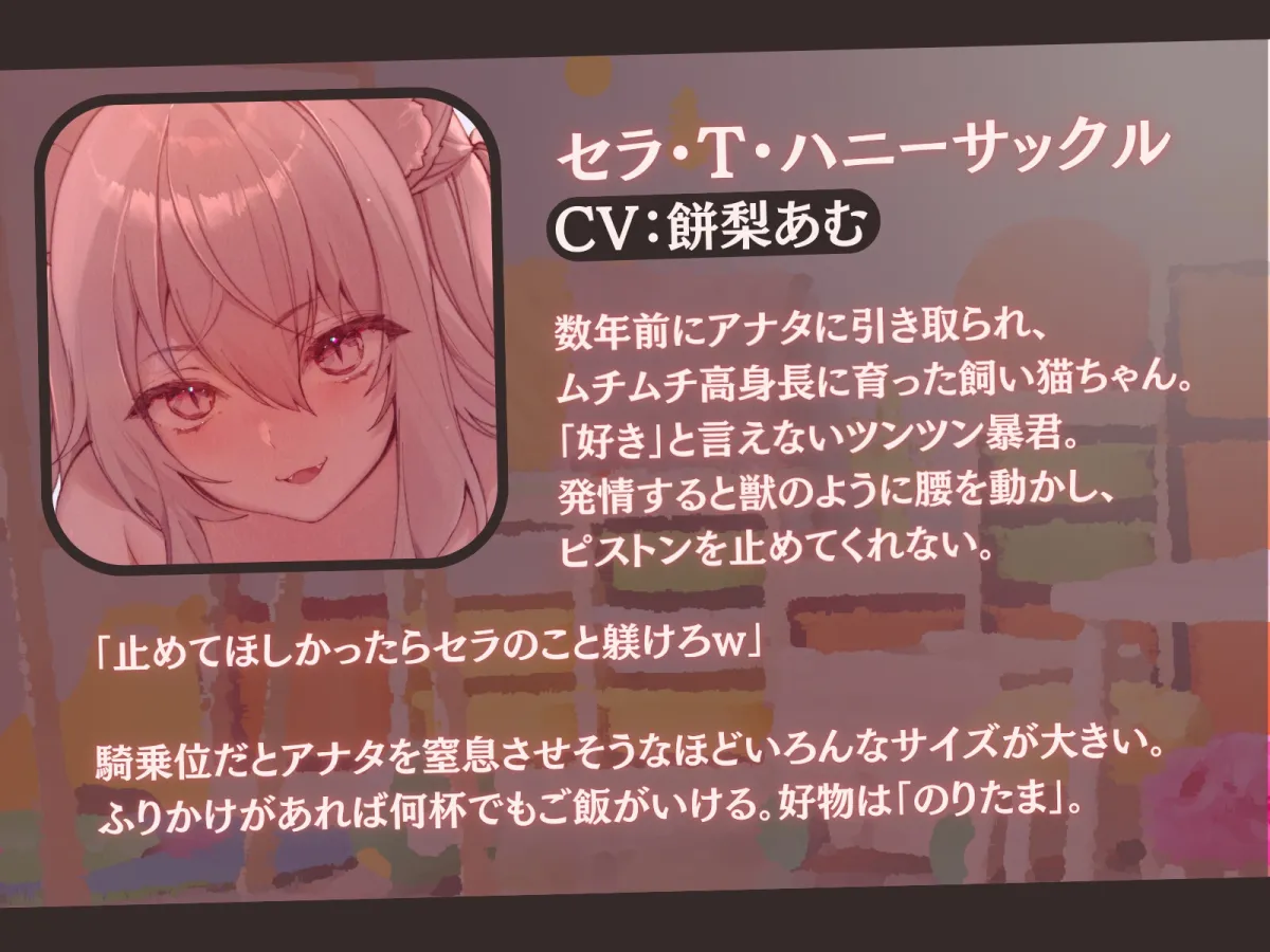 【CV:餅梨あむ】【高身長×逆レイプ×甘々ツンハメ】発情保護ネコの主従逆転ムチムチ精液絞り-セラが悪い子なのはご主人のせいだから、えっちで好き好き逆躾け- 【CV:餅梨あむ】【高身長×逆レイプ×甘々ツンハメ】発情保護ネコの主従逆転ムチムチ精液絞り-セラが悪い子なのはご主人のせいだから、えっちで好き好き逆躾け-