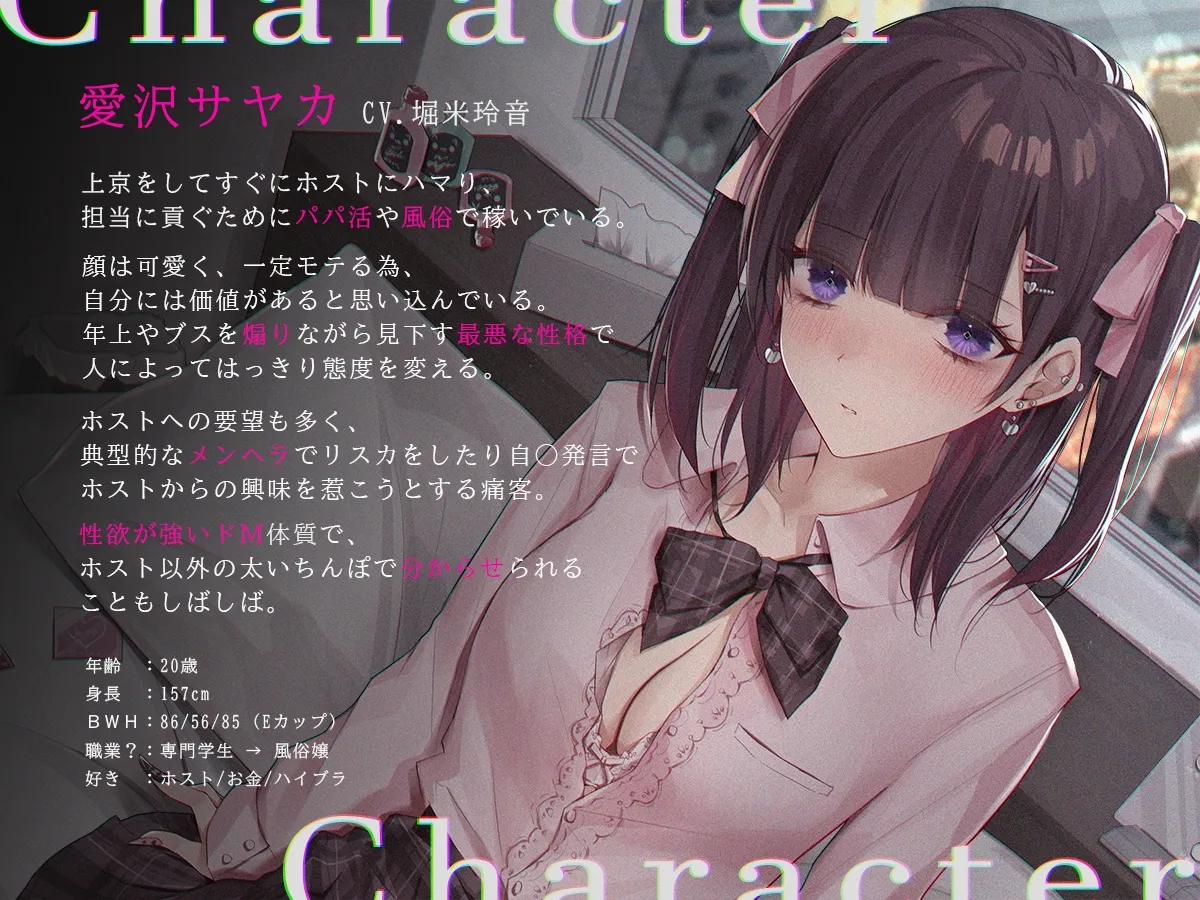 【地雷系・オホ雑魚】見た目だけいいホス狂メンヘラ愛沢サヤカ(20歳)は、今日も身体で稼いで全額担当に貢ぐクズ女。